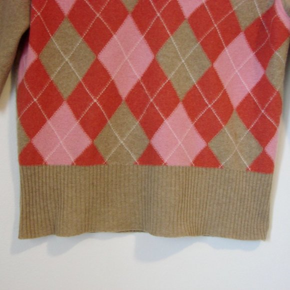 Cashmere Argyle V-neck Short Sleeve Sweater Beige Pink Size PS Petite Small - Picture 7 of 14
